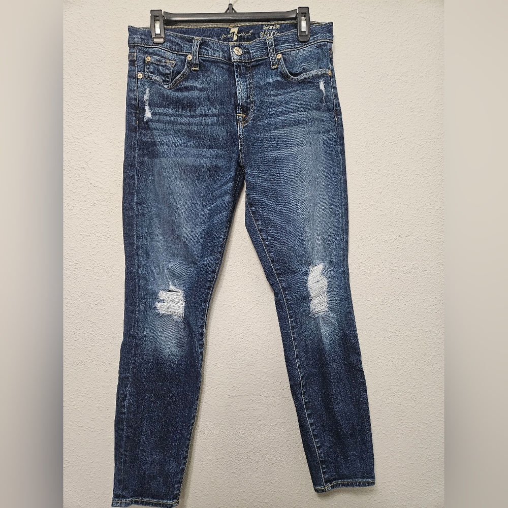 7 For All Mankind 30 the skinny ankle dark wash distressed high waist jeans